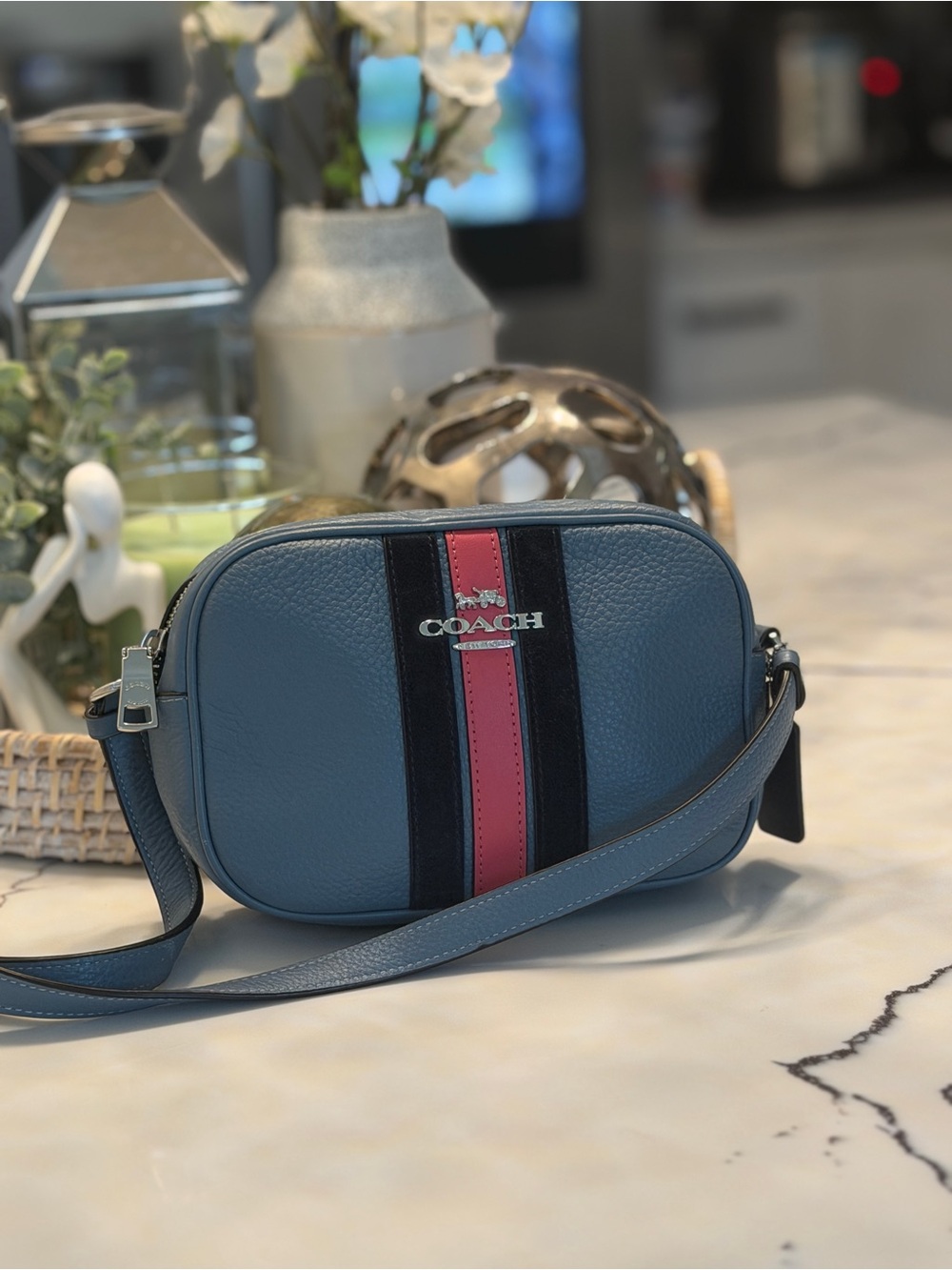 Coach Pebbled Leather Crossbody Bag in Blue with Red & Black Stripe